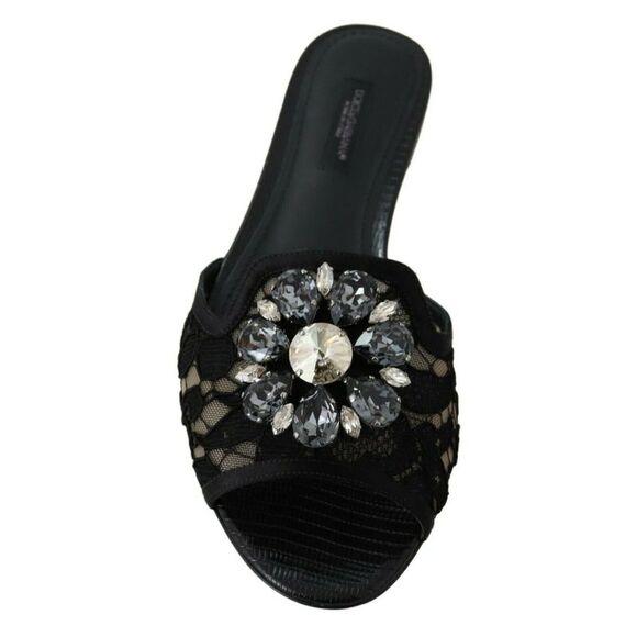Dolce & Gabbana Black Taormina Lace Slides Crystals Flats Women\'s Shoes
